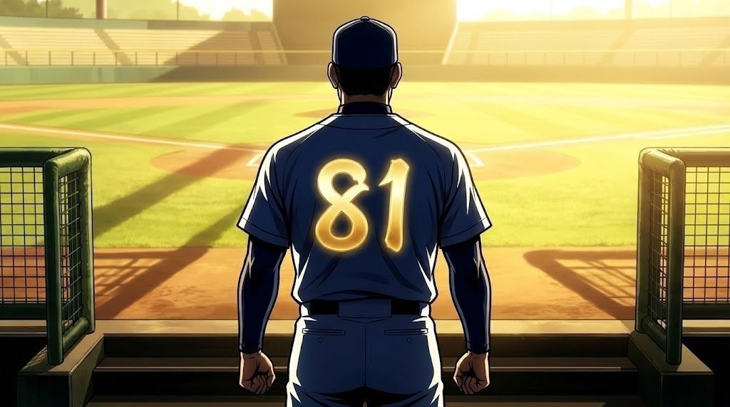 背番号「81」が入った無地のユニフォームを着て、ダグアウトから日差しあふれる球場を見つめる野球コーチの後ろ姿を描いた劇画風イラスト。桑原謙太朗氏のコーチ就任をイメージしたもので、特定の球団ロゴや個人を特定できる要素を含まない、肖像権・著作権に配慮した安全なオリジナル画像。