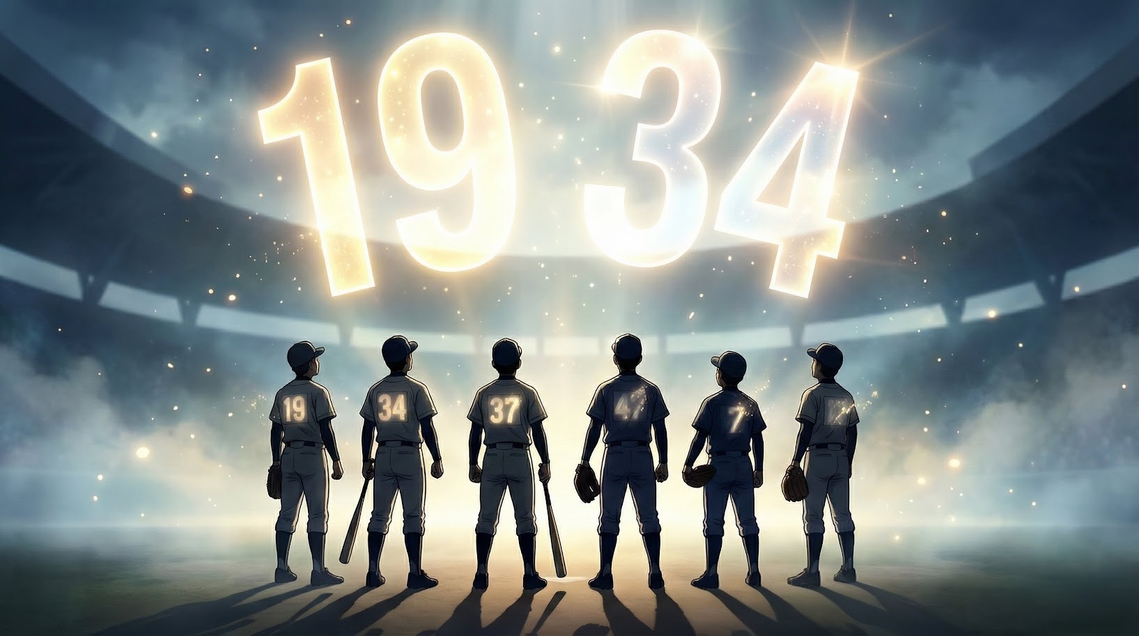 「2026年 ルーキー背番号決定！」という文字が書かれた、夜明けのスタジアムで光り輝く巨大な背番号を見上げる新人野球選手たちの劇画調シルエットイラスト。