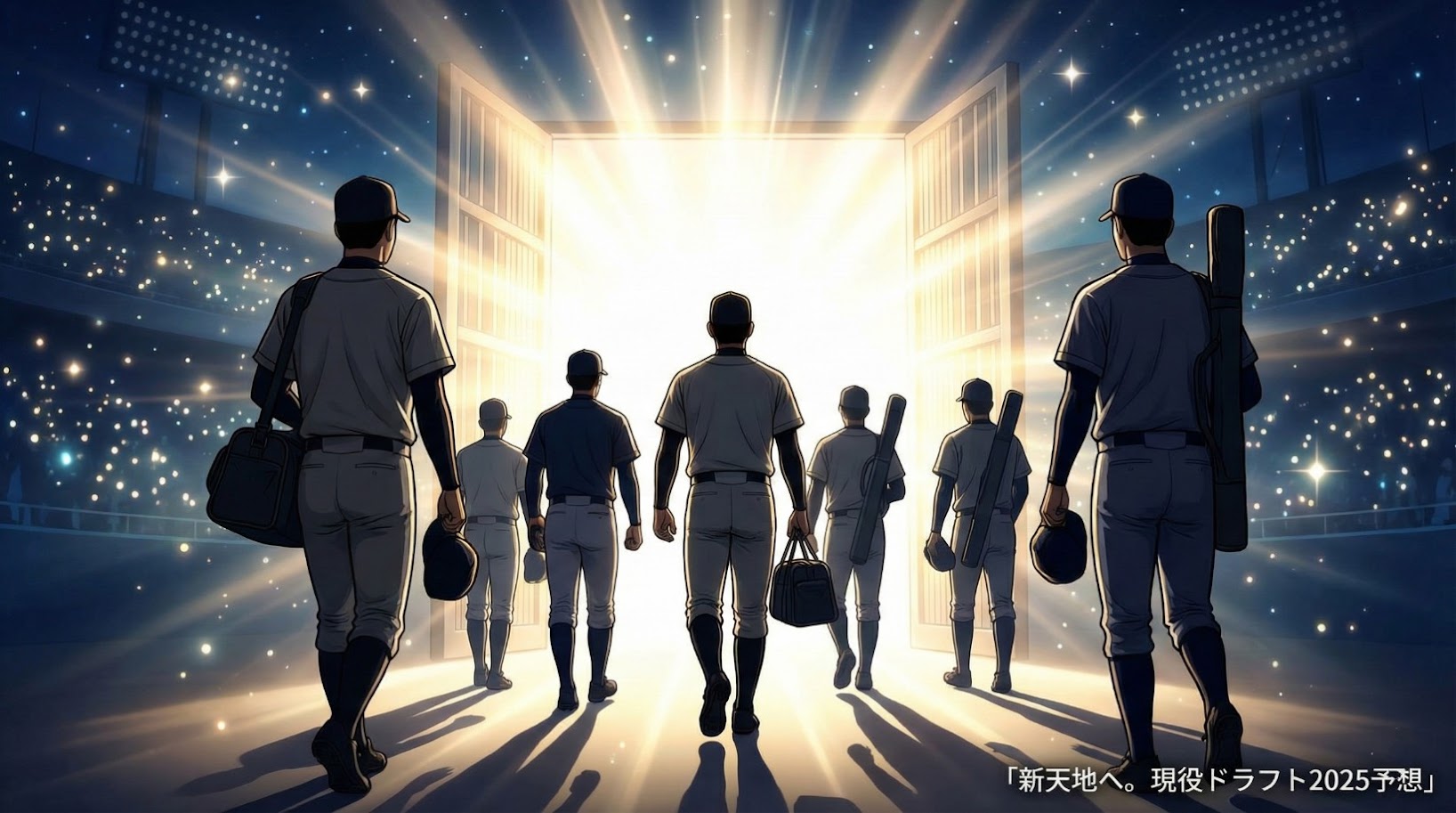 スタジアムの中で光り輝く大きな扉に向かって歩き出す野球選手たちの後ろ姿。新しい舞台への挑戦を表現したシルエット画像で、右下に「新天地へ。現役ドラフト2025予想」の文字。