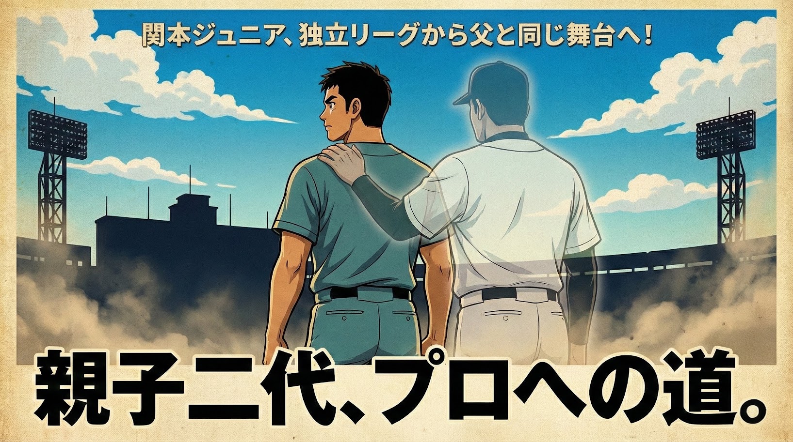 劇画タッチで描かれたエモーショナルな野球のアイキャッチ画像。スタジアムを背景に、手前には独立リーグのユニフォームを着て未来を見据える息子の力強い後ろ姿、その後ろには父・関本賢太郎氏を彷彿とさせる縦縞ユニフォームを着た幻影が、息子を見守り後押しするように重なって描かれている。画像下部には「親子二代、プロへの道。」、上部には「関本ジュニア、独立リーグから父と同じ舞台へ！」という力強い文字が配置され、親子二代でのプロ挑戦の物語を表現している。
