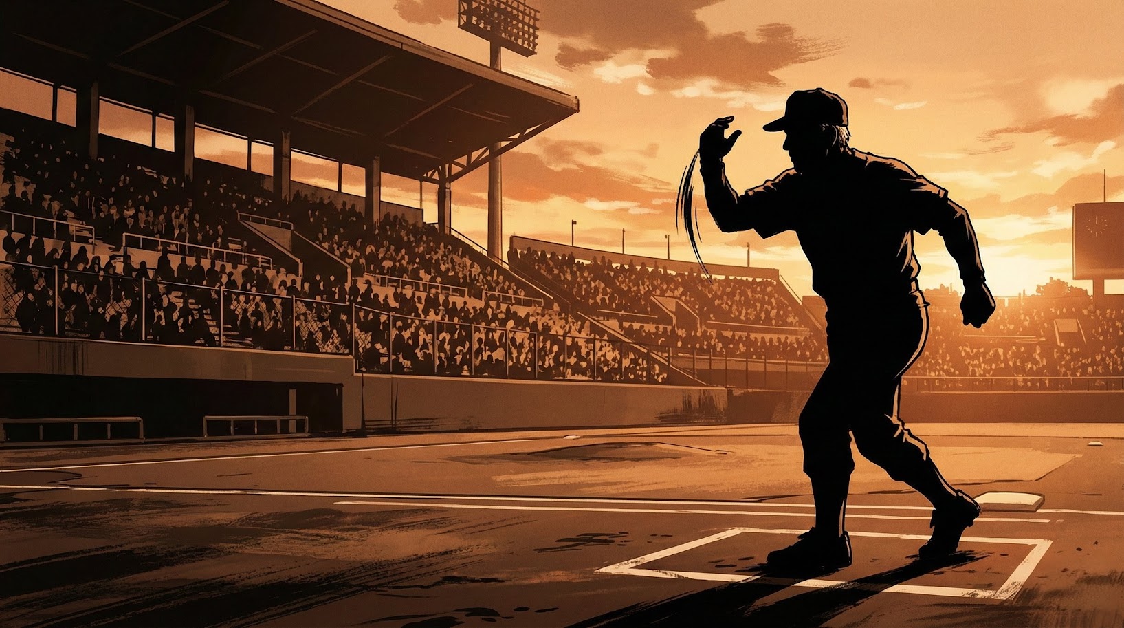 「日本一の三塁コーチ」と称えられた高代延博氏への敬意を込めた追悼イメージイラスト。夕暮れの野球場で、三塁コーチャーズボックスから腕を大きく回し、走者に本塁突入を指示する熟練コーチのシルエット。特定の個人やロゴを含まない、野球界のレジェンドを偲ぶメモリアル画像。