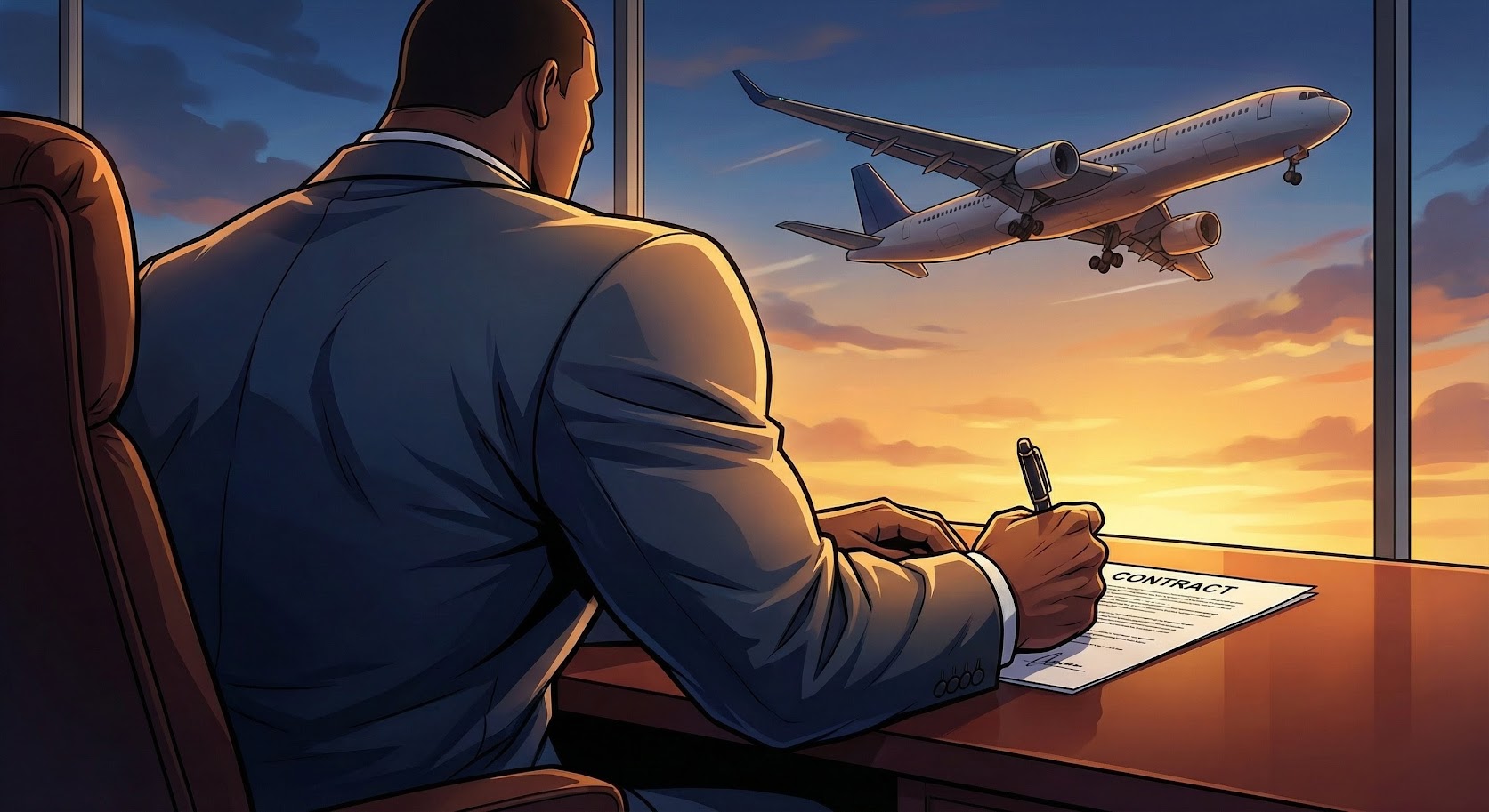 夕暮れの空港を背景に、スーツ姿で契約書にサインをする新外国人野球選手のイラスト（後ろ姿）。キャム・ディバン選手の契約合意をイメージした、アメコミ風のアイキャッチ画像。