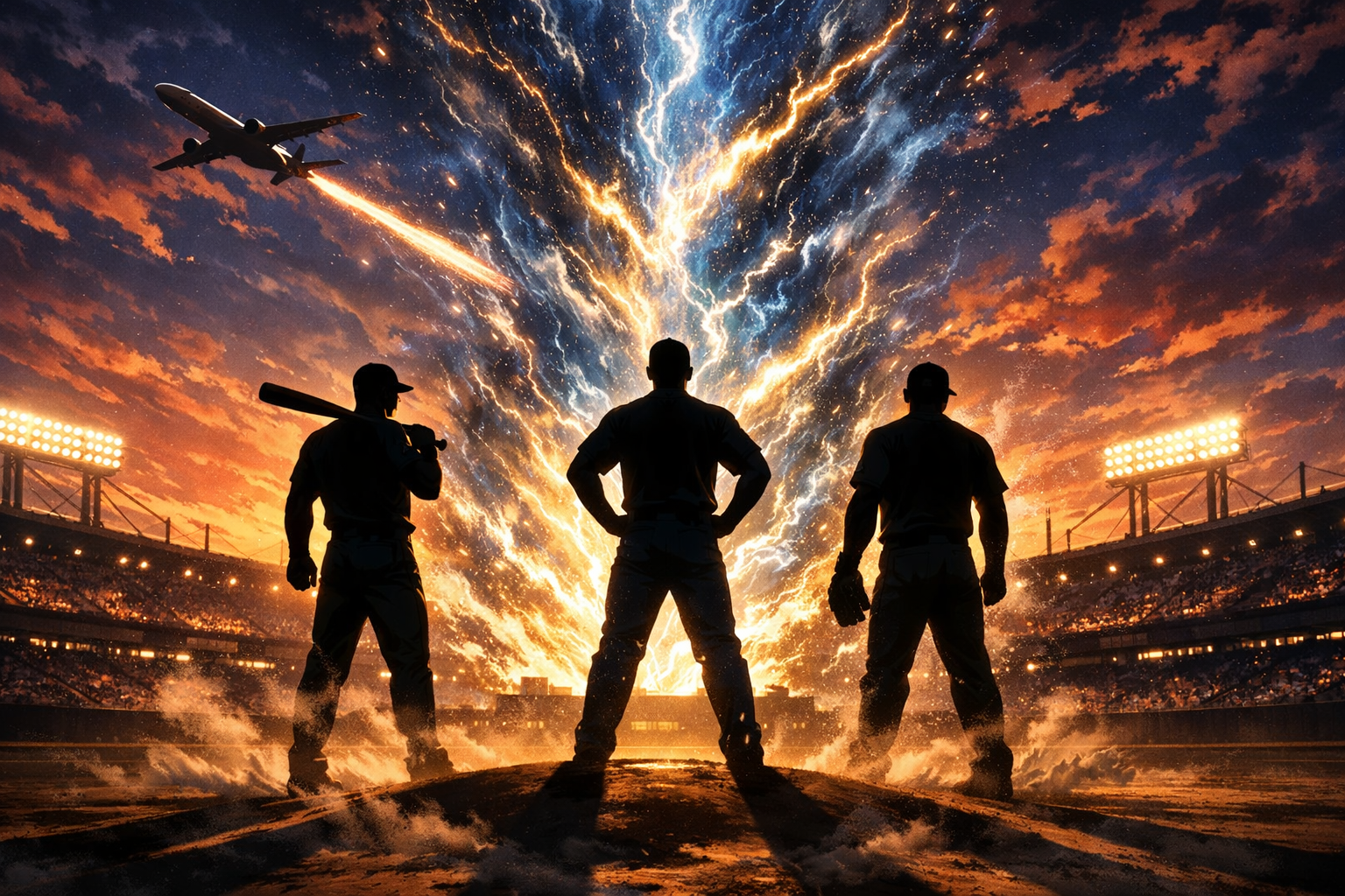 夕暮れの巨大なスタジアムで、エネルギーの渦を背に立つ大柄な3人の野球選手のシルエット（後ろ姿）。新外国人選手の補強と未知のパワーを表現したドラマチックな劇画風イラスト。特定の人物や球団ロゴは一切含まれていない安全なオリジナル画像です。
