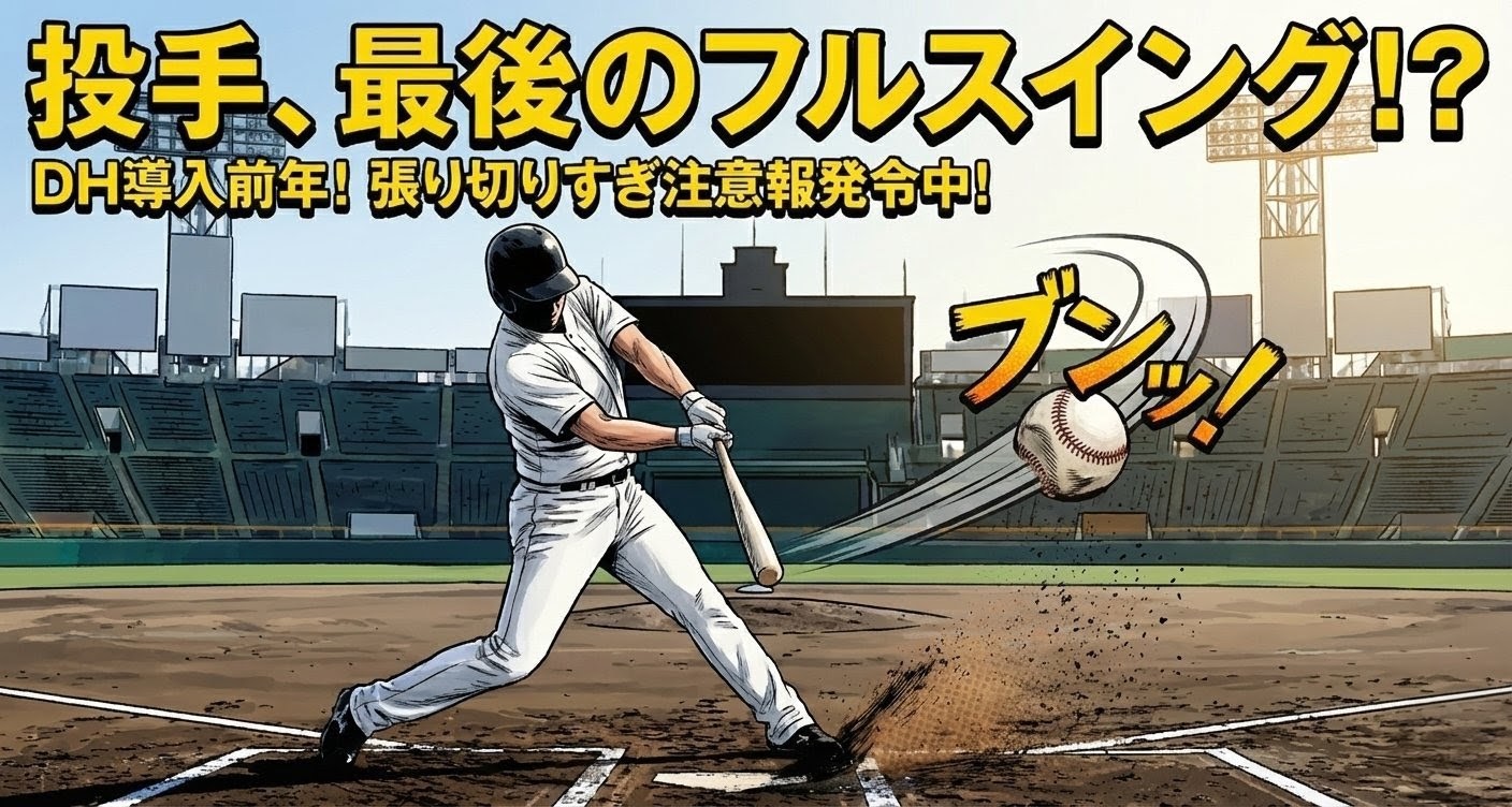「投手、最後のフルスイング！？」「DH導入前年！張り切りすぎ注意報発令中！」「ブンッ！」という文字と、スタジアムのバッターボックスでフルスイングする投手を描いた劇画風イラスト。
