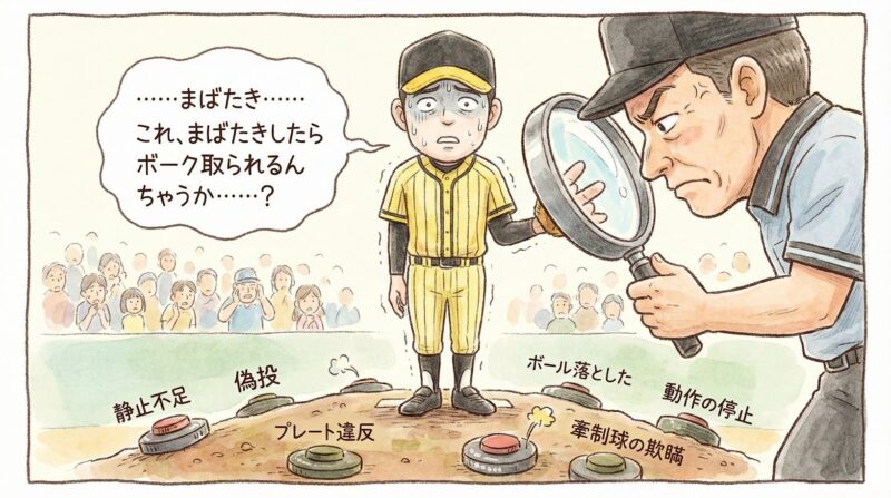 マウンド上で13個のボークの地雷に囲まれ、恐怖で完全に静止してしまった投手の風刺画風一コマ漫画。審判が細かくチェックしている様子。