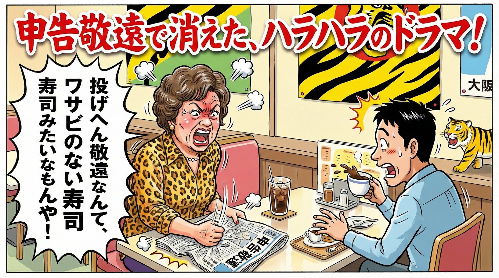 昭和レトロな喫茶店で、虎柄の服を着た大阪のオバちゃんが「投げへん敬遠はワサビのない寿司や！」と新聞を叩いて怒っている一コマ漫画。申告敬遠で失われた野球のドラマを嘆くコミカルなアイキャッチ画像。