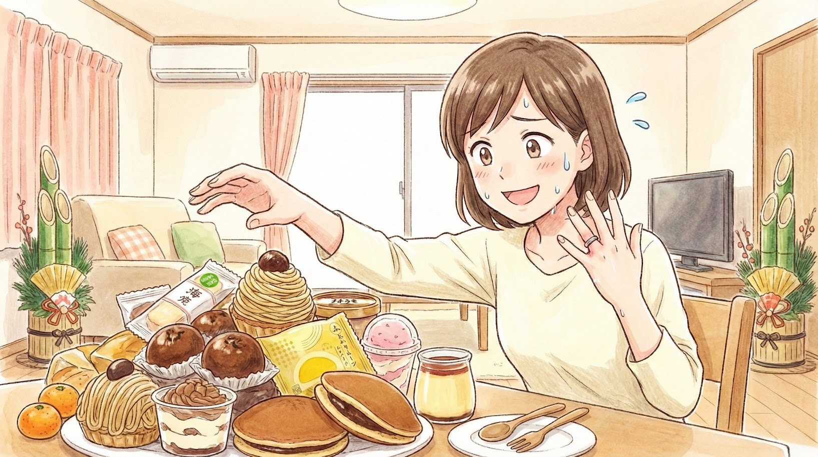 シャトレーゼで爆買いしたスイーツの山。黄色いパッケージの「ふんわりムーン カスタード」を中心に、「あまおう苺ブッセ」やどら焼き、揚げ餅などがテーブルいっぱいに並べられている様子。