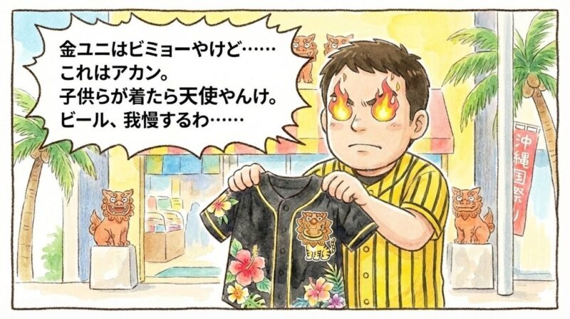 沖縄の限定ショップ店頭で、可愛いシーサー虎の子供用ユニフォームを手に取り、自分のビールを我慢してでも買ってあげようと親バカの炎を燃やす父親の姿を描いた、温かみのある水彩画風の一コマ漫画。