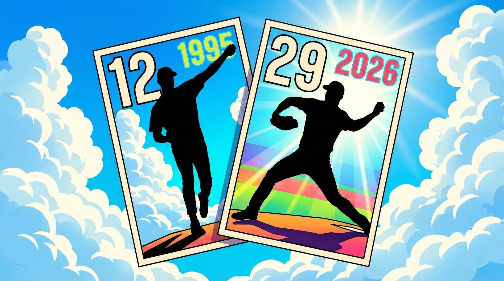 青空の下で重なり合う、阪神タイガースの背番号12（1995年）と29（2026年）の左投手シルエット。劇画タッチで描かれた、復興と魂の継承を象徴するイラスト。