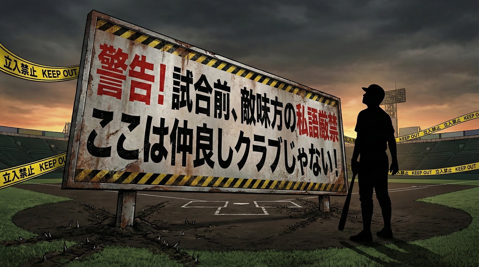 劇画タッチで描かれた野球場の内野グラウンド。中央には「警告！試合前、敵味方の私語厳禁」「ここは仲良しクラブじゃない！」と赤と黒の極太文字で書かれた巨大な金属看板が突き刺さり、それを見上げる野球選手の黒いシルエットが描かれている。