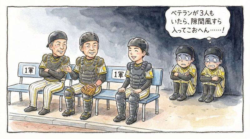 層が厚くなった捕手陣の中で、自分の居場所がなくなっていく若手捕手たちの焦りを描いたブラックジョーク風の一コマ漫画。