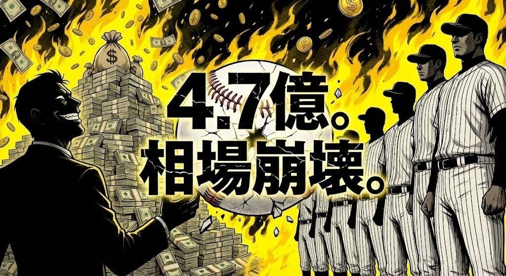 阪神タイガースの年俸序列とデュプランティエ投手の4.7億円契約を比較し、代理人主導の相場崩壊を風刺するアニメ風イラスト。中央にひび割れたボールと「4.7億。相場崩壊。」の文字。