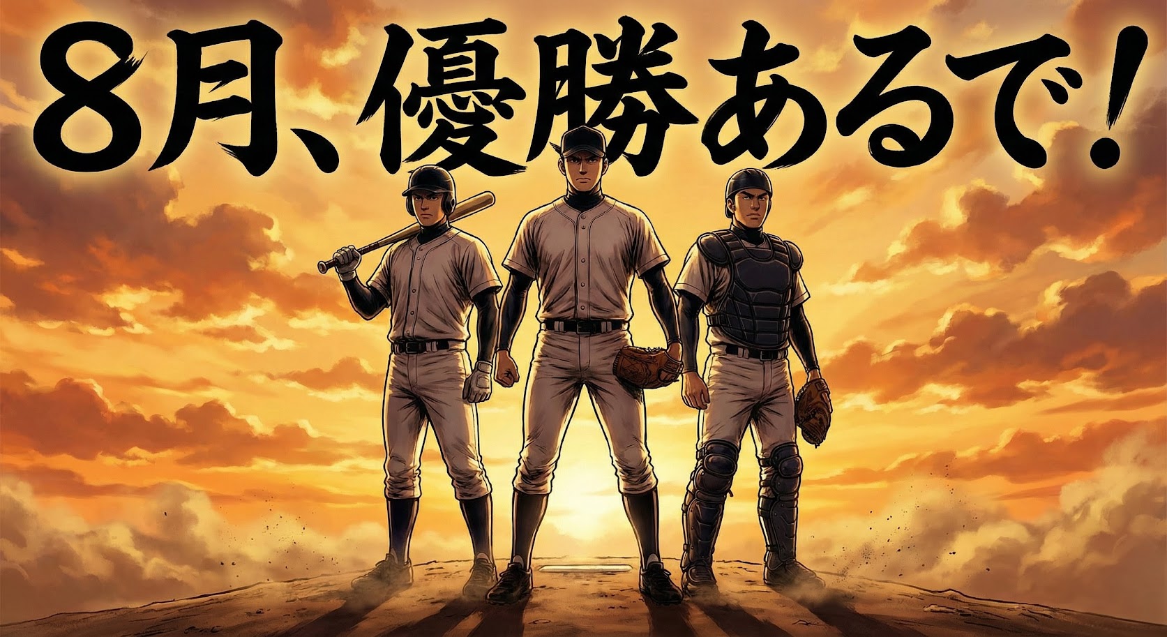 「8月、優勝あるで！」の筆文字と、夕暮れのマウンドに力強く立つ3人のプロ野球選手（投手・捕手・打者）を描いた劇画風イラスト。2026年の阪神タイガース優勝への展望をイメージしたアイキャッチ画像。