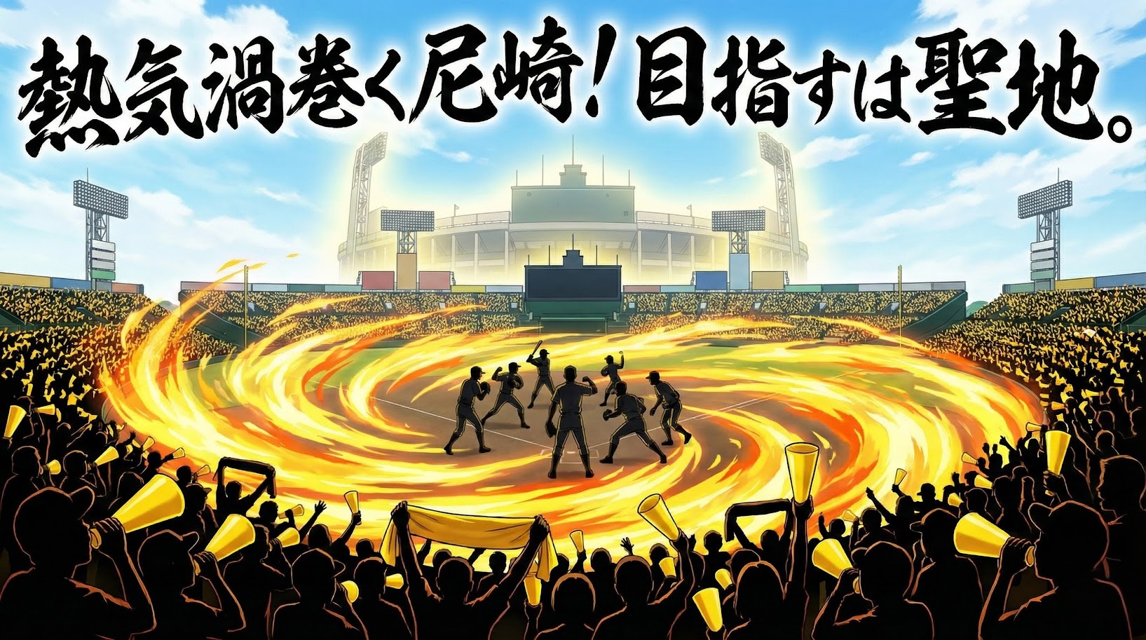 尼崎SGLスタジアムで始動した阪神タイガース新人合同自主トレ。熱狂する800人のファンの渦と、遠景に蜃気楼のように浮かぶ甲子園球場を描いたアニメ風イラスト。画像中央に「熱気渦巻く尼崎！目指すは聖地。」の筆文字。