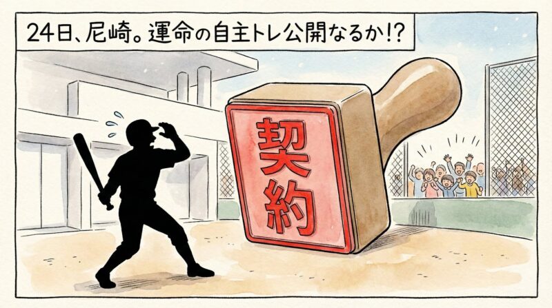 手書き水彩風の一コマ漫画。尼崎の球団施設で、巨大な「契約」と彫られたハンコに立ちはだかれ、驚く佐藤輝明選手のシルエット。「24日、尼崎。運命の自主トレ公開なるか！？」というナレーションと共に、フェンス越しに心配そうに見守るファンが描かれている。