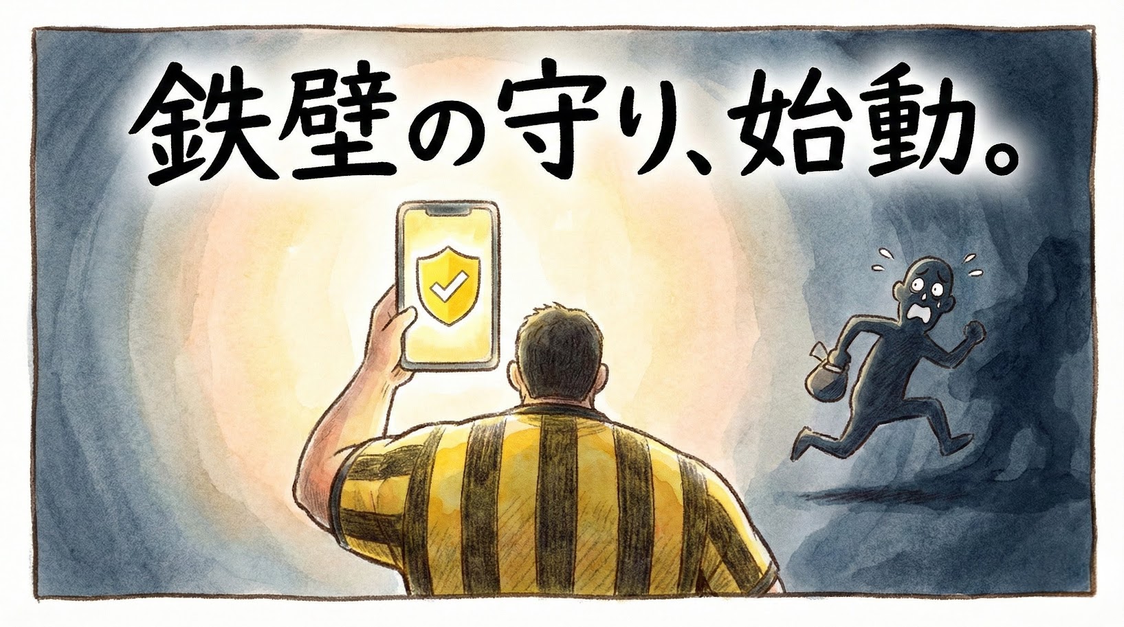 スマホから放たれる「盾」の光で転売ヤーを追い払う、虎党ファンの後ろ姿を描いた水彩イラスト風一コマ漫画。「鉄壁の守り、始動。」というデカ文字入り。