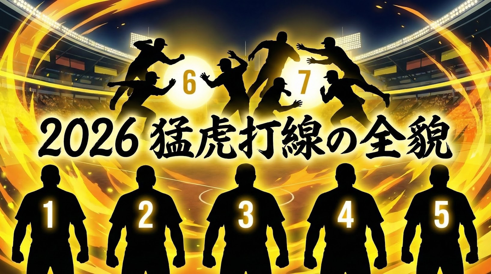 2026年の阪神タイガース打順予想をテーマにしたアニメ風イラスト。1番から5番までが固定された打線の骨格と、残り2枠を巡る争いを表現した選手のシルエット画像。中央に「2026 猛虎打線の全貌」の文字。
