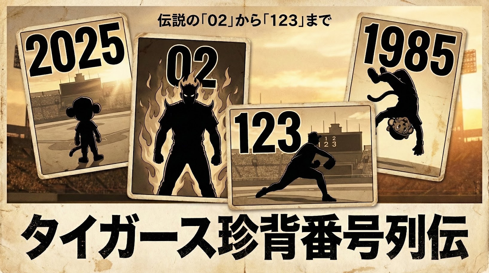 レトロな野球カード風のコラージュ画像。夕暮れの球場を背景に、新マスコット・コラッキーの背番号「2025」、トラッキーの「1985」、伝説の「02」（炎のシルエット）、「123」（投手のシルエット）のカードが並ぶ。画像内の文字は『伝説の「02」から「123」まで タイガース珍背番号列伝』。