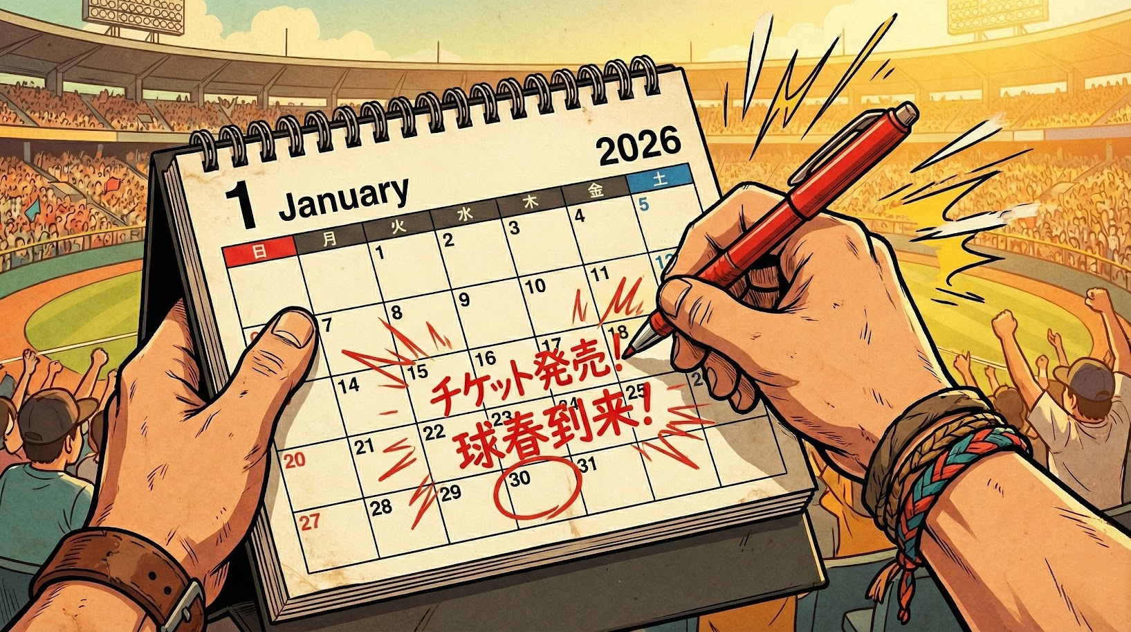 2026年1月のカレンダーの30日に、赤ペンで「チケット発売！球春到来！」と力強く書き込むファンの手元のイラスト。背景には活気あふれる野球場の風景。