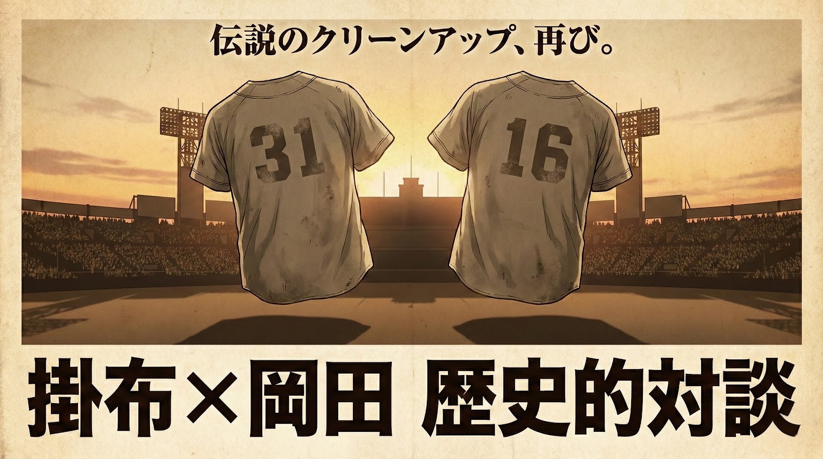 セピア調の劇画タッチで描かれた、背番号「31」と「16」の古い野球ユニフォームが夕暮れのスタジアムを背景に並ぶイラスト。「伝説のクリーンアップ、再び。」「掛布 × 岡田 歴史的対談」という日本語のテキストが入ったアイキャッチ画像。