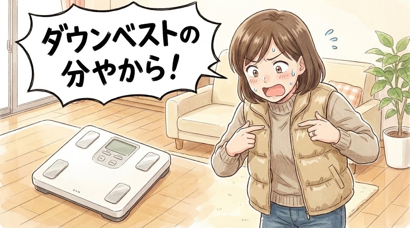 40代の女性がダウンベストを着て、床に置かれたオムロンの体重計を前に「ダウンベストの分やから！」と自分を指さしながら言い訳をしている一コマ漫画風のイラスト