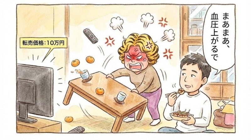 テレビに表示された高額な転売価格を見て激怒し、ちゃぶ台をひっくり返す虎柄服の大阪オカンと、それをなだめるオトンの様子を描いた、コミカルな関西風手書き一コマ漫画。