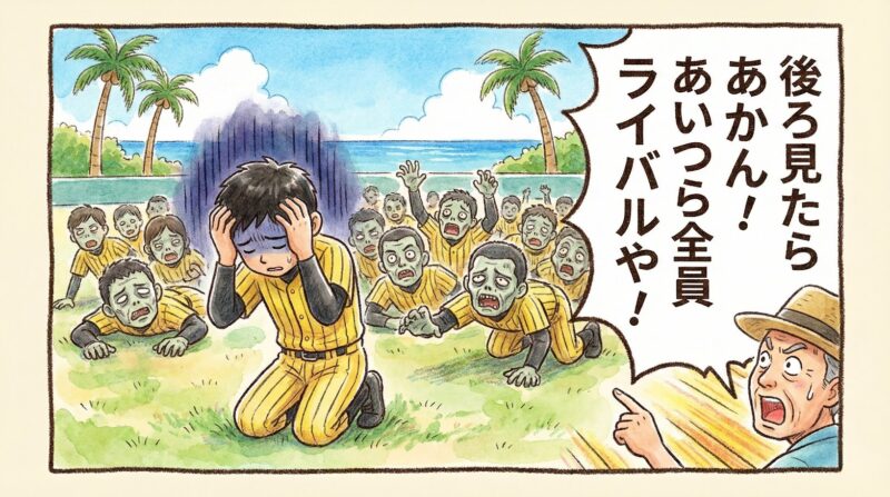 沖縄キャンプで失敗して落ち込む選手の背後から、同じユニフォームを着たライバル選手たちがゾンビのように大量に湧き出てくる様子を描いた、温かい水彩画風のコミカルな一コマ漫画。ファンのおっちゃんが「後ろ見たらあかん!あいつら全員ライバルや!」と叫んでいる。プロ野球の厳しい生存競争を表現。(※フィクションです)