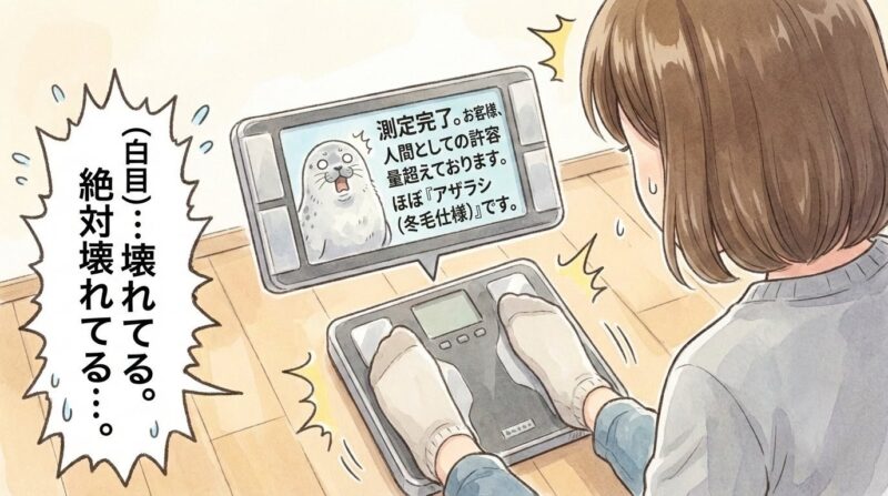 体組成計の画面に「測定完了。お客様、人間としての許容量を超えております。ほぼ『アザラシ（冬毛仕様）』です。」と表示され、靴下を履いたまま絶望して白目を剥く母親の様子を描いた一コマ漫画イラスト。