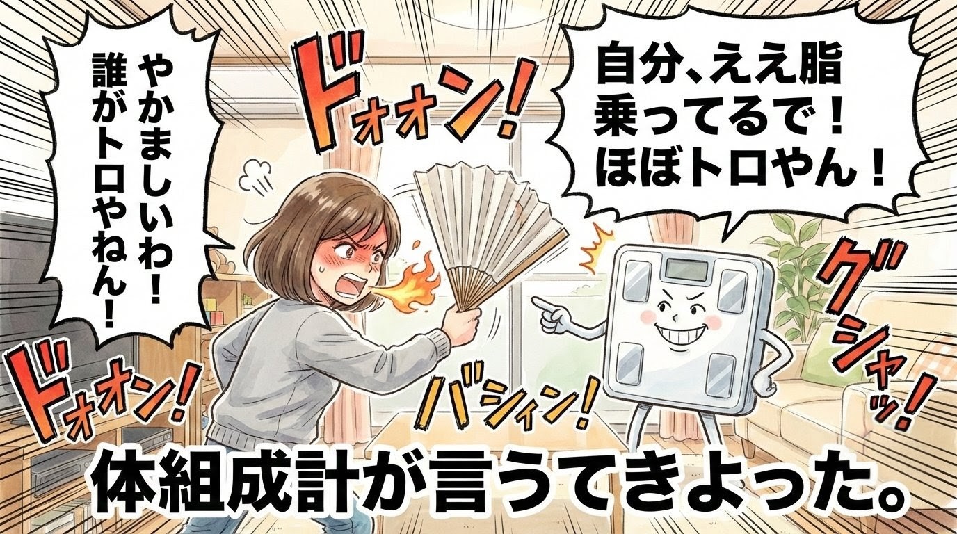 擬人化された体組成計に「自分、ほぼトロやん！」と関西弁で挑発され、ハリセンで激しくツッコミを入れるジャージ姿のオカンを描いた、勢いのあるギャグ漫画風アイキャッチ。