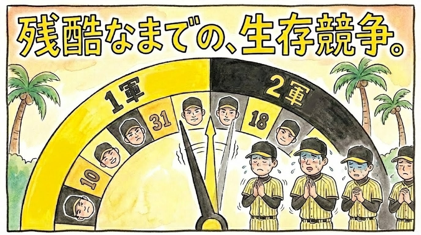 沖縄キャンプの「1軍」と「2軍」の境界線で揺れる巨大なルーレットを前に、冷や汗を流して震える若手投手たちを描いたブラックユーモア溢れる一コマ漫画アイキャッチ。「残酷なまでの、生存競争。」の巨大なデカ文字入り。（※フィクションです）