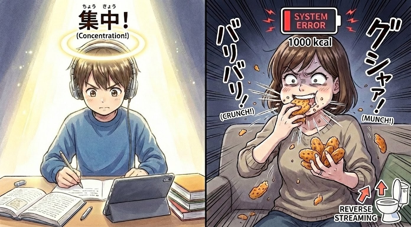 「逆・SPARTA」をテーマにした1コマ漫画風イラスト。左側では光り輝くオーラを纏い、ヘッドホンをして集中して勉強する小学生の長男（集中！）、右側ではソファに座り狂気的な表情で揚げせんべいを爆食する母を描写。母の頭上には「SYSTEM ERROR 1000kcal」のアイコン、右下にはトイレのマークと「REVERSE STREAMING」の文字があり、暴飲暴食の末の悲劇をコミカルに表現。