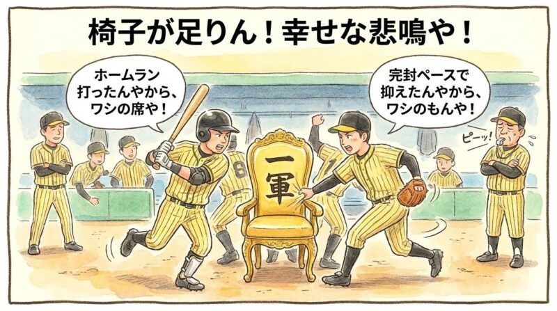 1軍の椅子1脚を奪い合って激しく椅子取りゲームをする野手と投手、それを見守り「椅子が足りん！幸せな悲鳴や！」と呟く監督を描いた、手書き水彩風の一コマ漫画。（※フィクションです）