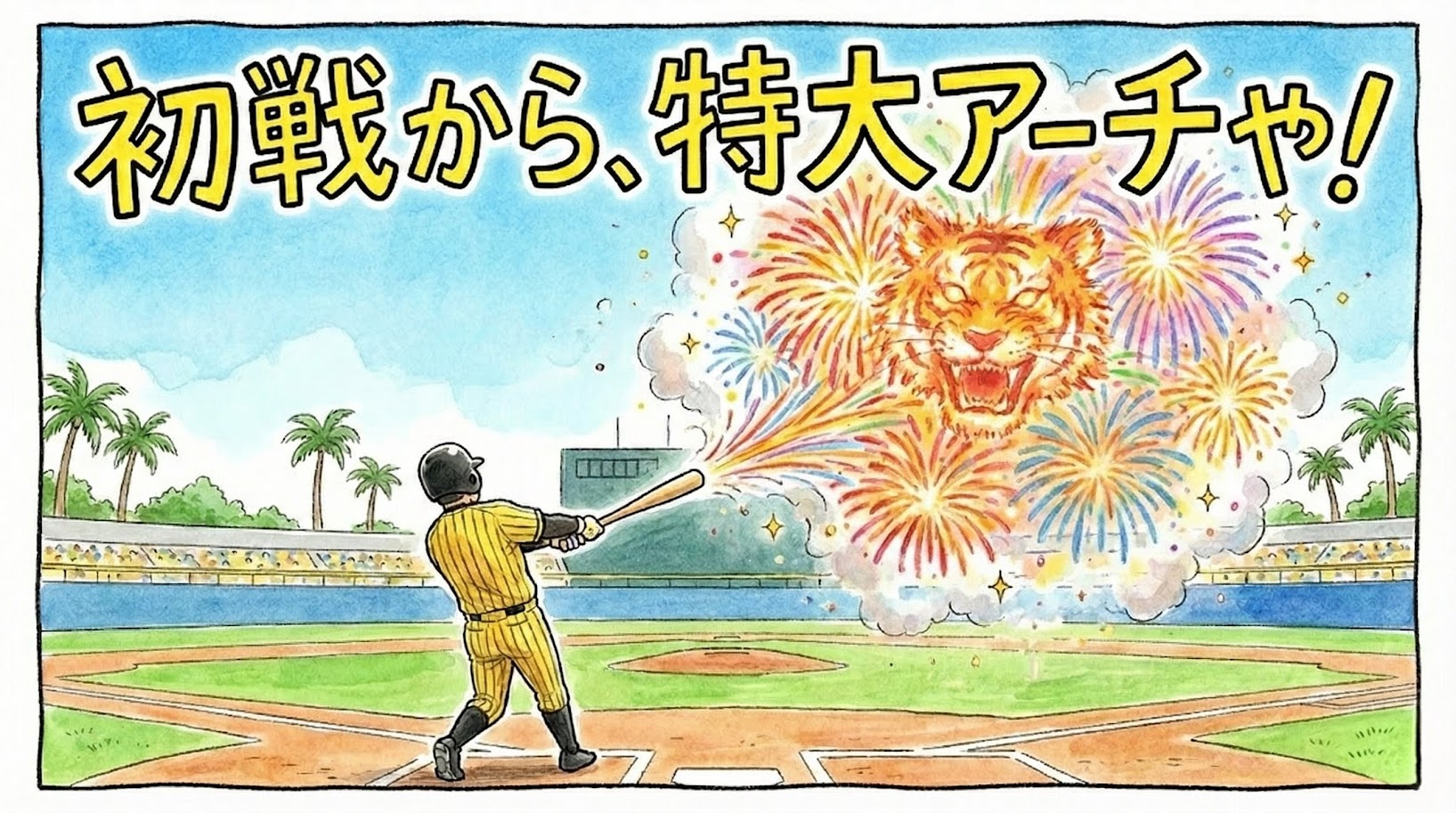 名護の青い空の下、選手が豪快なスイングでバットの先から花火を打ち上げているコミカルな一コマ漫画アイキャッチ。「初戦から、特大アーチや！」という巨大なデカ文字入り。（※フィクションです）
