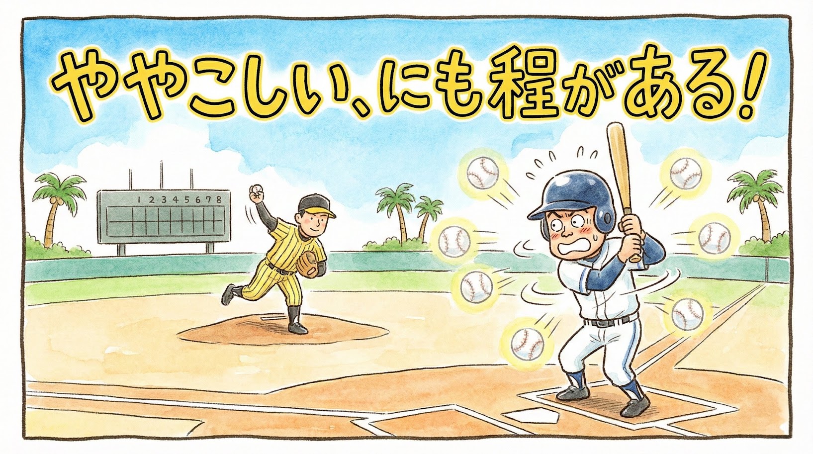 沖縄の青空の下、新外国人モレッタ投手が投げた魔球が空中で分身・消失し、打者がパニックになっている様子を描いた、温かい水彩画風の一コマ漫画アイキャッチ。「ややこしい、にも程がある！」という大きな手書き文字入り。（※フィクションです）