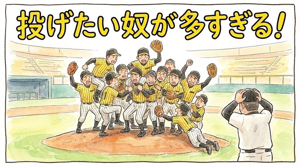 1軍のマウンドに10人以上の投手が密集して「俺が投げる」と競い合っている、投手王国の贅沢な悩みを表現した水彩手書き風一コマ漫画。「投げたい奴が多すぎる！」という巨大なデカ文字入り。（※フィクションです）