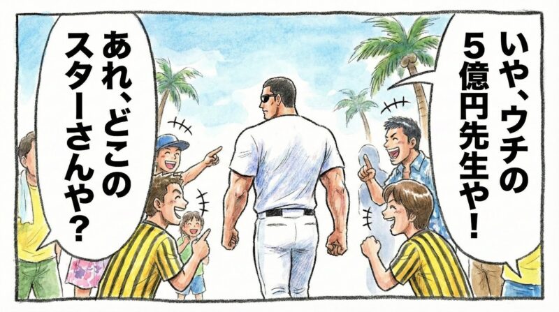 サングラスをかけて貫禄たっぷりに沖縄入りする選手の後ろ姿と、「どこのスター?」「ウチの5億円先生や!」と会話するファンを描いたコミカルな水彩一コマ漫画。