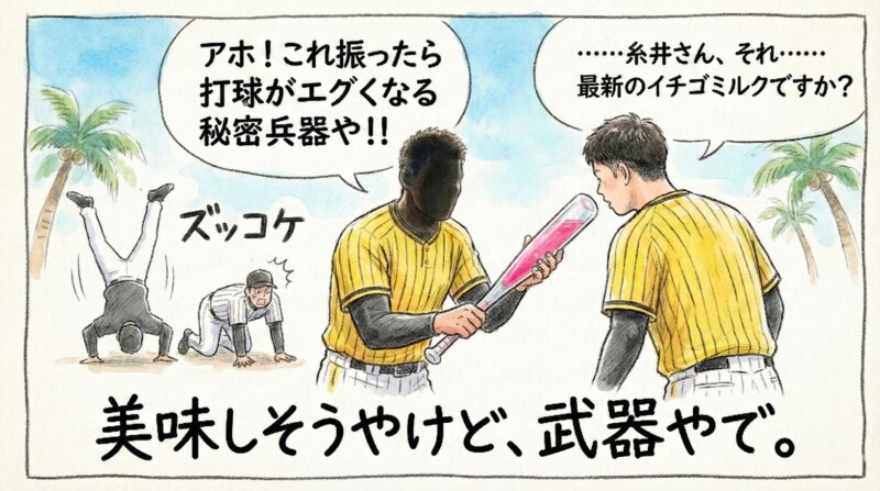 糸井SAが差し出したピンクの液体入りバットを「イチゴミルク」と勘違いして真面目に尋ねる佐藤選手と、そのやり取りに周囲のコーチがズッコケる様子を描いた、コミカルな水彩手描き風一コマ漫画。