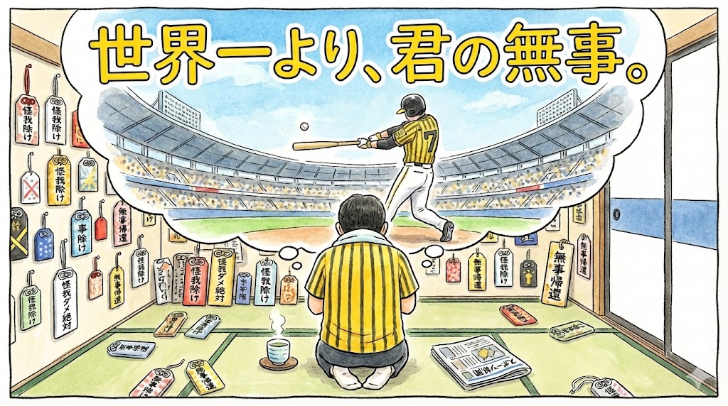 WBCでの活躍（ホームラン）を妄想しつつも、自宅で大量の「怪我除け」お守りに囲まれて選手の無事を必死に祈るファンの後ろ姿を描いた、シュールで温かい水彩手書き風一コマ漫画。画面に「世界一より、君の無事。」という巨大な文字が添えられている。