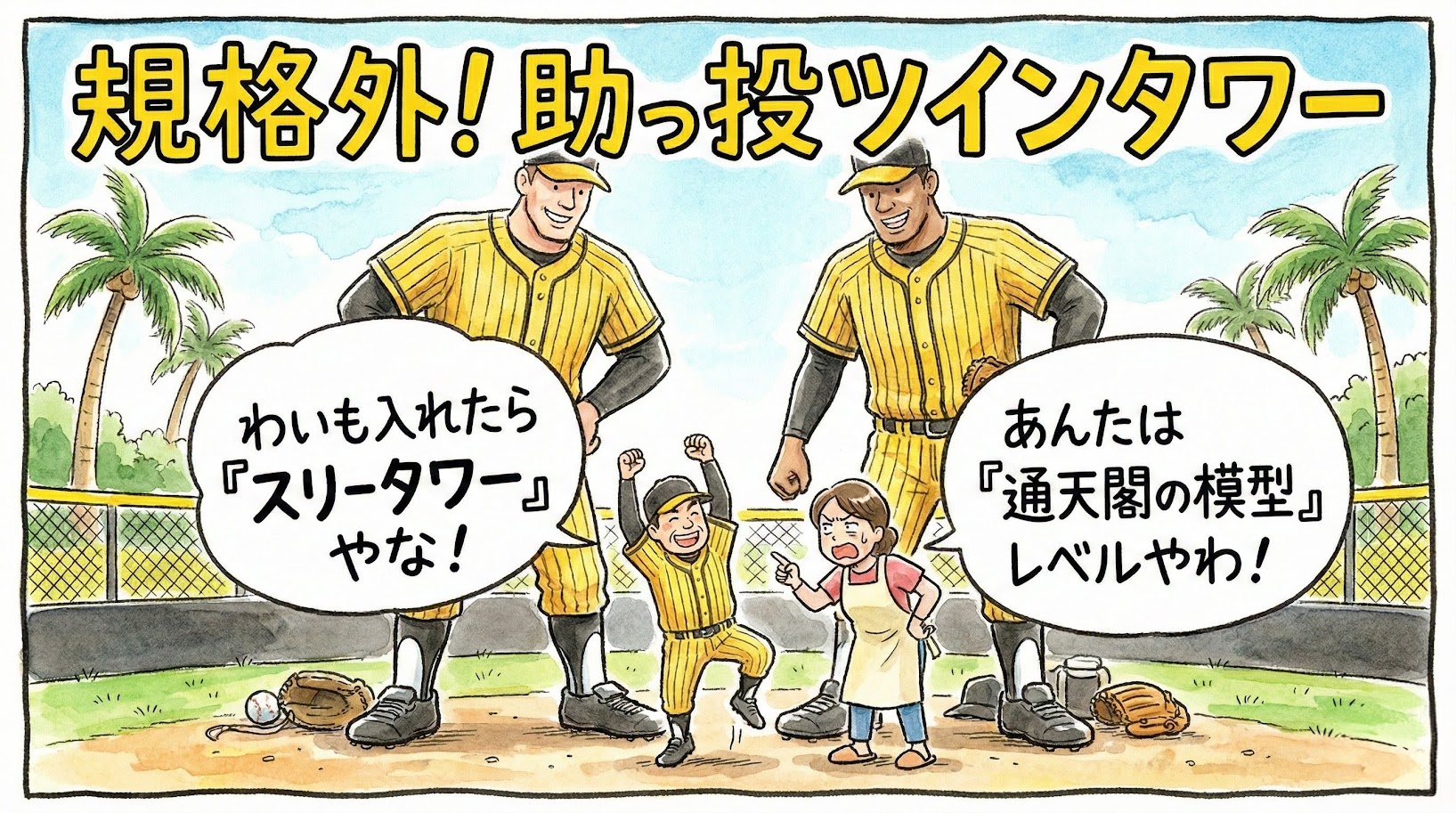 巨大な二人の新外国人投手（ツインタワー）の間で背伸びをして「スリータワーやな」とボケるお父さんと、「あんたは通天閣の模型や！」とツッコミを入れるオカンのコミカルな一コマ漫画アイキャッチ。「規格外！助っ投ツインタワー」のデカ文字入り。（※フィクションです）