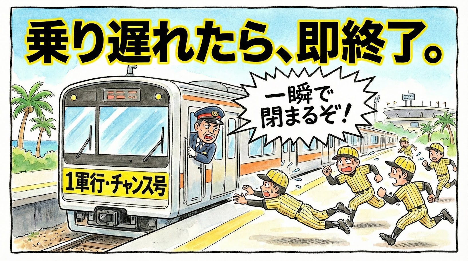 1軍行きの「チャンス号」という電車が今まさに発車しようとしており、車掌姿の監督が「一瞬で閉まるぞ！」と叫んでいる。ロゴのないストライプ柄のユニフォームを着た若手選手たちが必死に追いかける様子を描いた、水彩画風の一コマ漫画アイキャッチ。「乗り遅れたら、即終了。」の大きな文字入り。