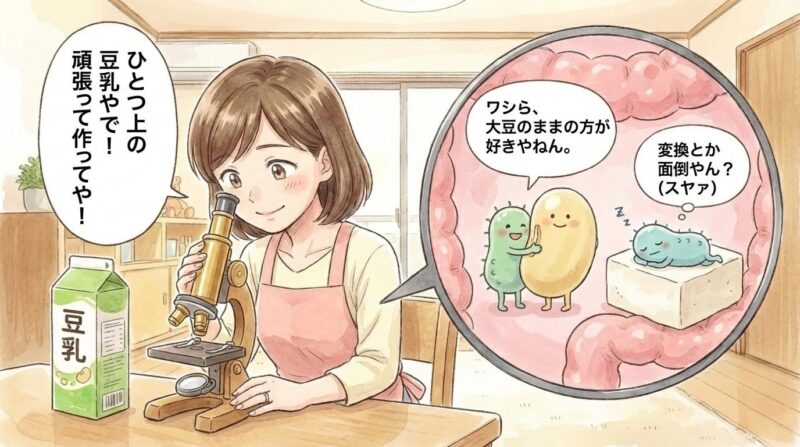 ホンワカした水彩画風の一コマ漫画。女性が顕微鏡を覗き込み、吹き出しで「ひとつ上の豆乳やで！ 頑張って作ってや！」と言っている。拡大された腸内では、可愛い菌のキャラクターたちが大豆を抱きしめたり寝たりしており、吹き出しで「ワシら、大豆のままの方が好きやねん。」「変換とか面倒やん？（スヤァ）」と返している。