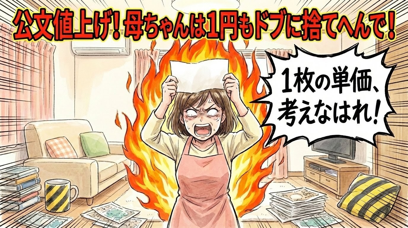 関西弁で叫ぶ母のアイキャッチ漫画。鬼の形相で公文のプリントを1万円札のように掲げ、「1枚の単価、考えなはれ！」と叫んでいる。背景には山積みのプリントと黄色と黒の小物。画面上部には極太文字で「公文値上げ！母ちゃんは1円もドブに捨てへんで！」と書かれている。