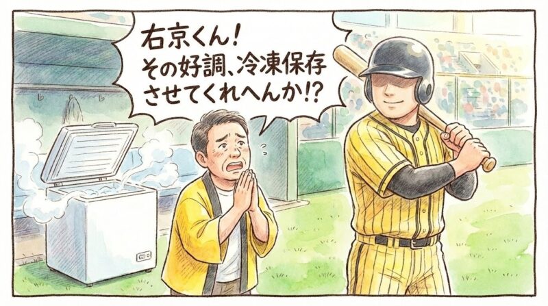 ホームランを打って自信満々の若手選手に対し、お父さんが家庭用冷凍庫を横に置いて「その好調を冷凍保存させてほしい」と必死に拝み倒している、温かい水彩画風のコミカルな一コマ漫画。セリフ入りの16:9イラスト。