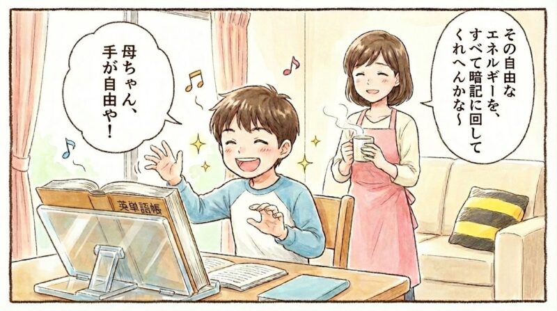 一コマ漫画イラスト。書見台のおかげで手が自由になった息子が、嬉しさのあまり「エアピアノ」を弾くポーズをとり、「手が自由や!」と叫んでいる。横で母が「そのエネルギーを暗記に回して」とツッコミを入れている、温かいリビングの風景。