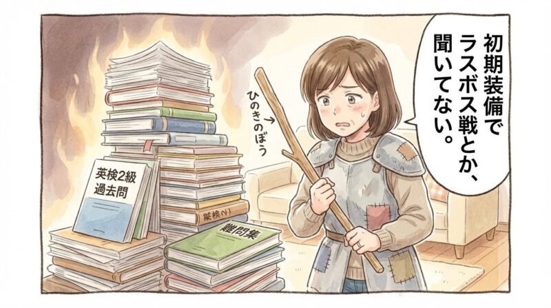 ひのきのぼうを持った勇者姿の母親が、積み上がった英検2級の過去問や難問集を前に「初期装備でラスボス戦とか、聞いてない。」と困惑している温かみのある手書き風一コマ漫画。