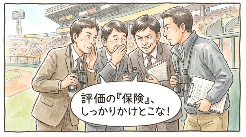 スコアラー風の男たちが円陣を組み、「凄い球だと言っておけば、打てなくても俺たちのせいじゃない」と悪巧みをしている様子を描いた、皮肉の効いた一コマ漫画。（※フィクションです）