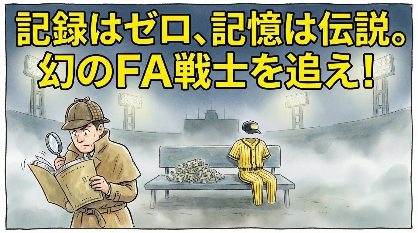 霧の立ち込める球場ベンチで、探偵に扮したお父さんが虫眼鏡と選手名鑑を手に、真っさらなユニフォームと札束の謎を追っている一コマ漫画。「記録はゼロ、記憶は伝説。 幻のFA戦士を追え！」という巨大なデカ文字入りのアイキャッチ。