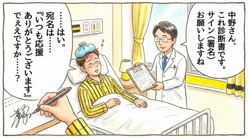 高熱で寝込んでいる中野選手が、お医者さんが持ってきた診断書を「色紙」と勘違いして、無意識にサインを書こうとしている様子を描いたコミカルな一コマ漫画。