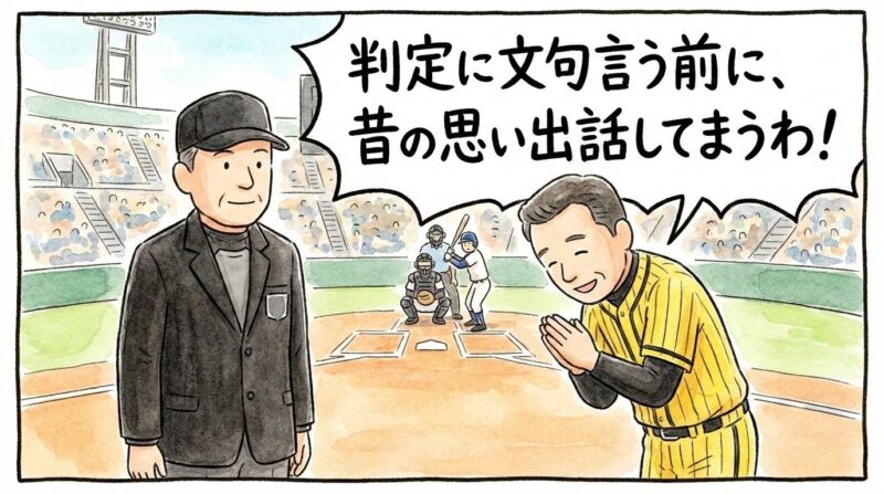 抗議のために飛び出した監督が、審判の顔を見て元自軍の選手だと気づき、「判定に文句言う前に、昔の思い出話してまうわ！」と急に敬語でお辞儀をしている、温かい水彩画風のコミカルな一コマ漫画。（※フィクションです）