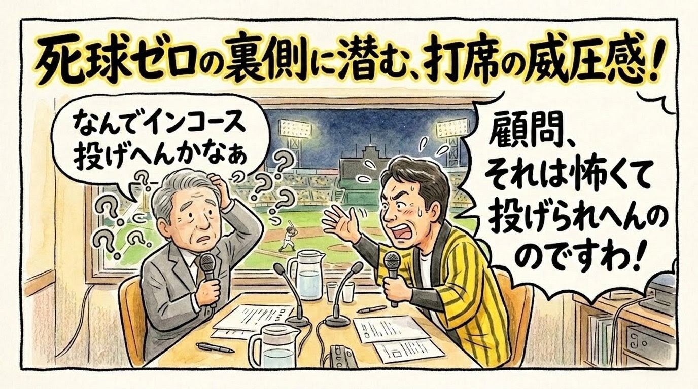 野球解説席で「なんで内角を攻めないのか」と不思議がる年配の解説者に対し、黄色いハッピ姿のお父さんが「怖くて投げられないんです！」と必死に力説している温かい水彩画風の一コマ漫画。画面上部には「死球ゼロの裏側に潜む、打席の威圧感！」のデカ文字入り。（※フィクションです）